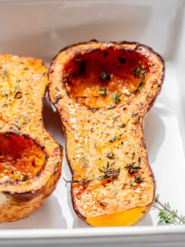 baked squash in white dish.