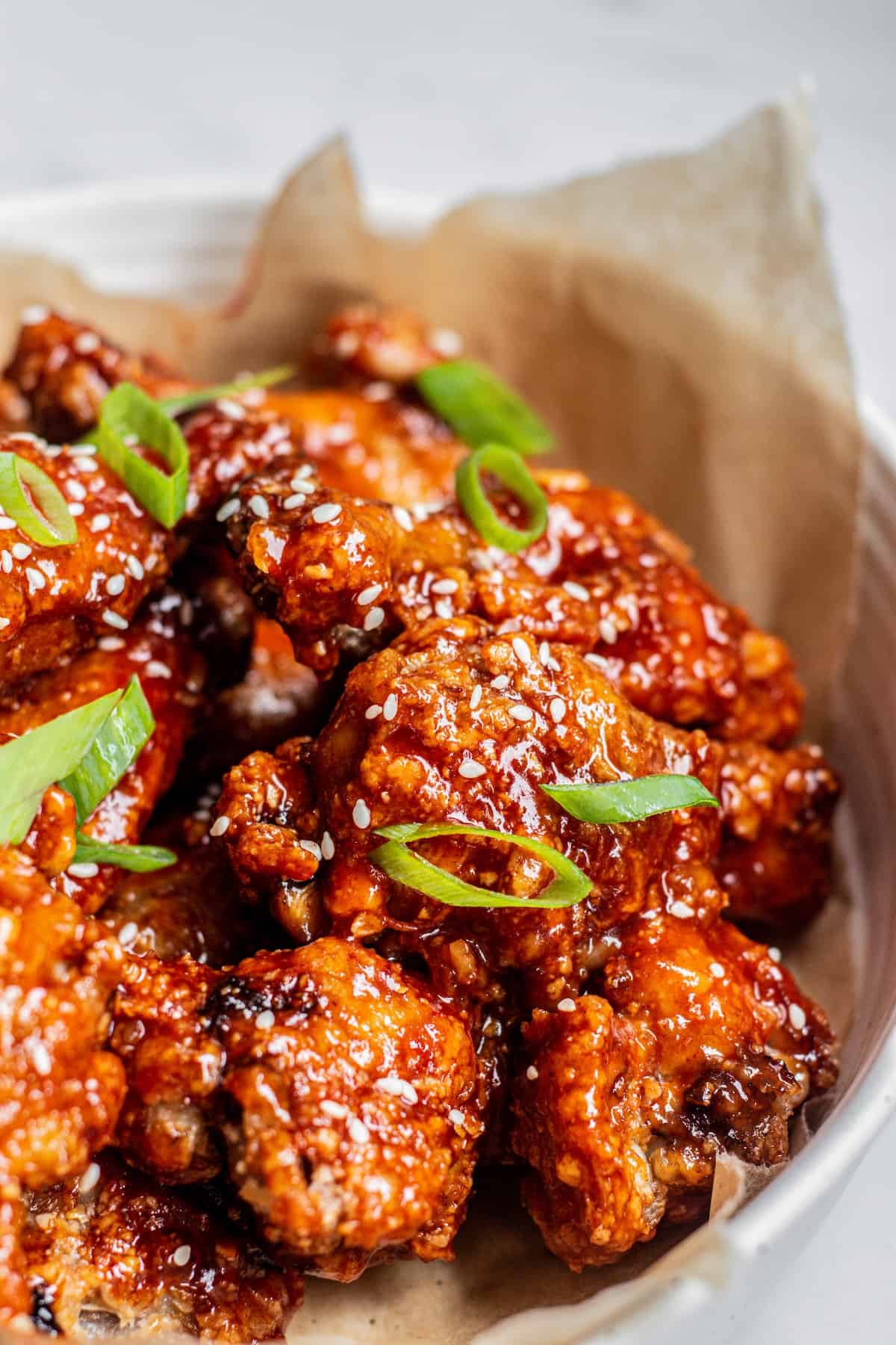 side view of Korean fried chicken.