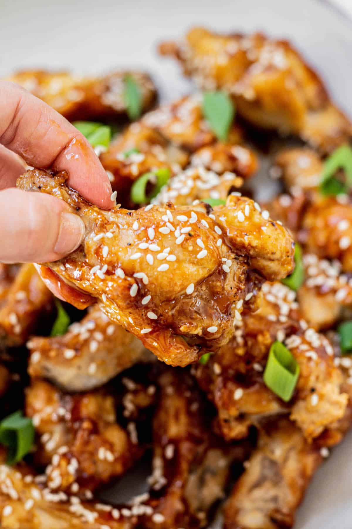 a hand holding a sticky chicken wing.